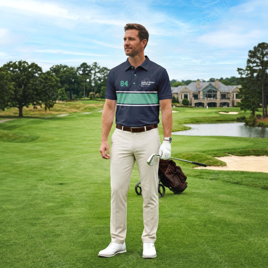 Mockup Camiseta Polo Masculina Campo de Golfe Editável