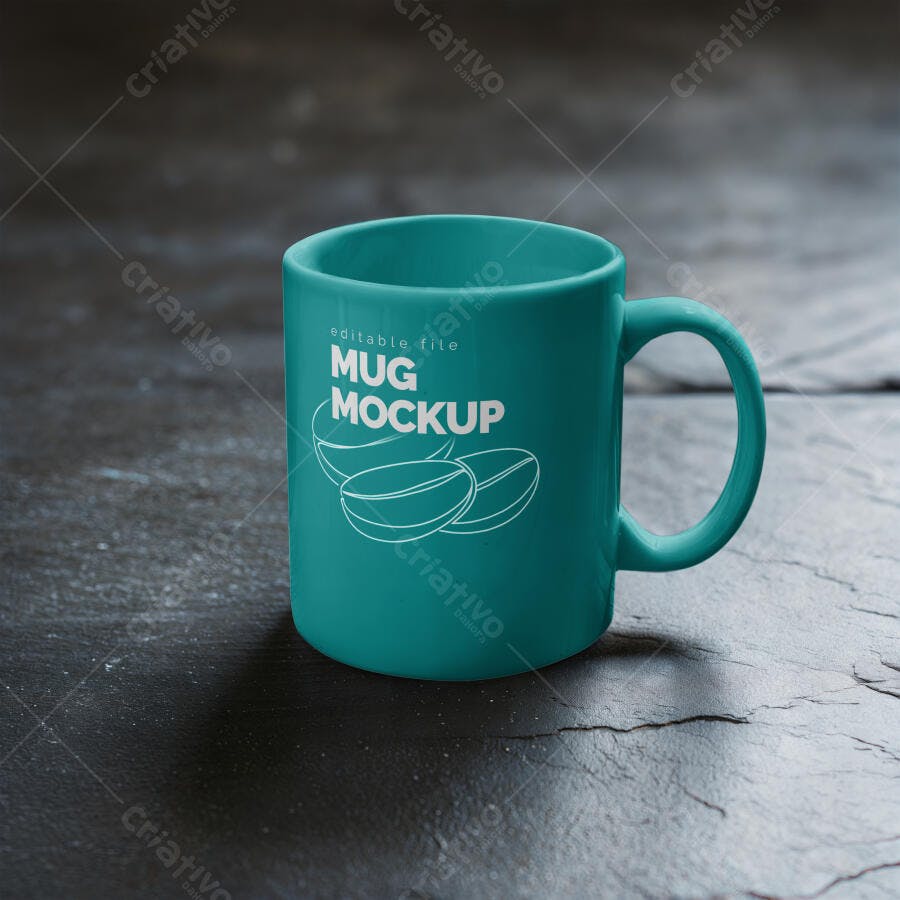 Mockup Caneca Azul Turquesa Fundo Escuro Realista Editável