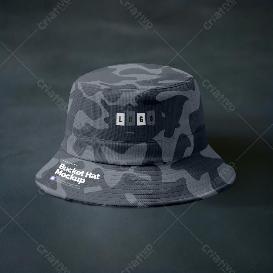 Mockup Chapéu Bucket Camuflado Vista Frontal Editável