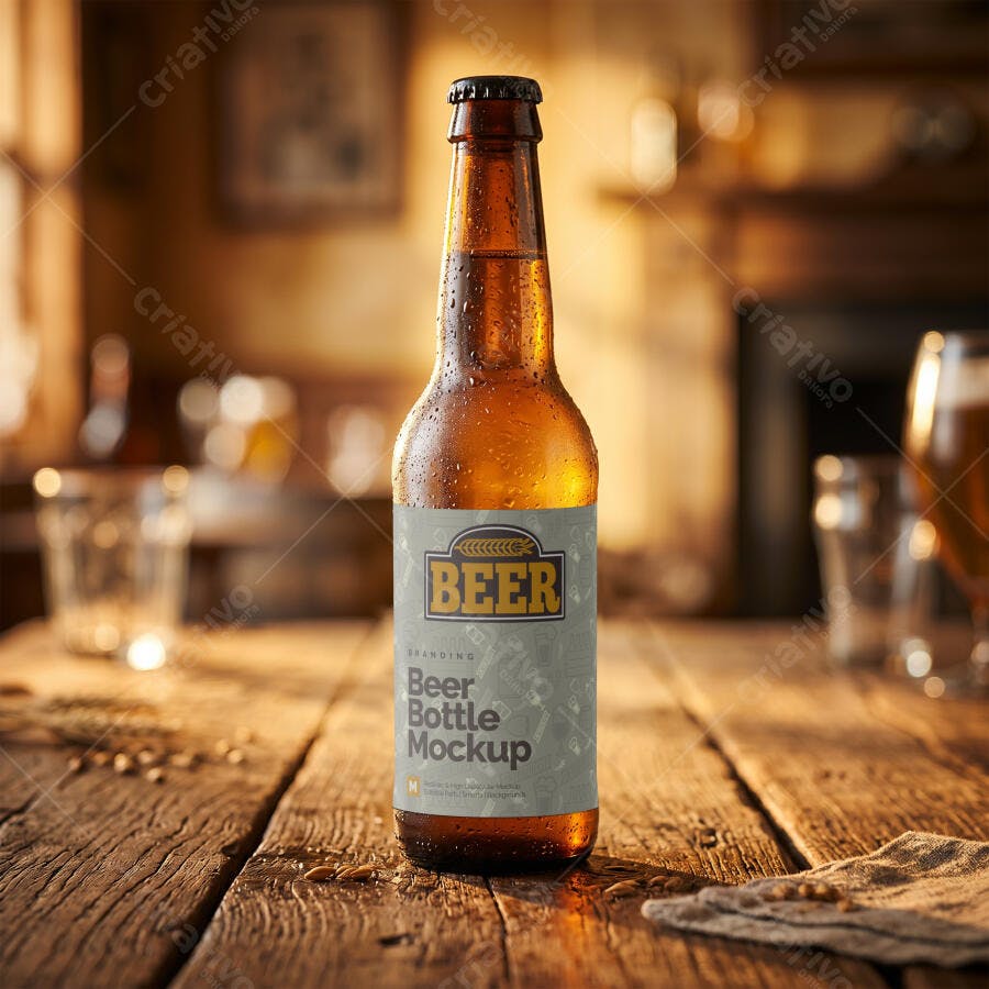Mockup Garrafa Cerveja Vidro Mesa Madeira Realista Editável
