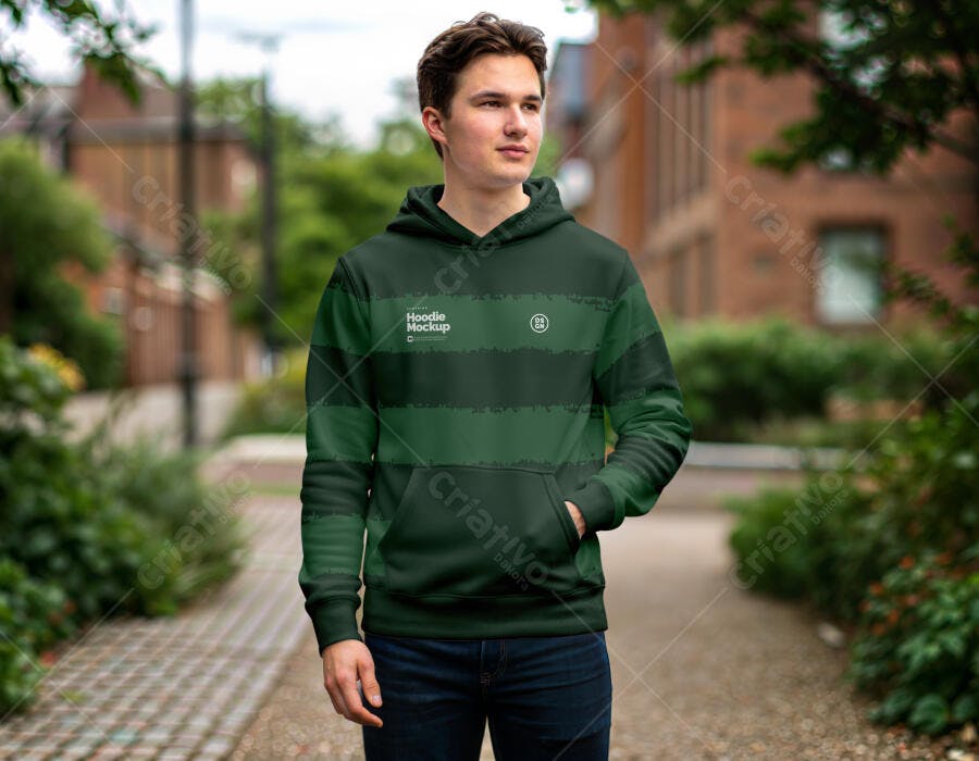 Mockup Hoodie Masculino Verde Lifestyle Rua Editável