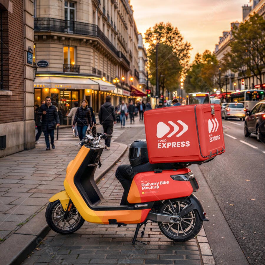 Mockup Scooter Moto Elétrica Delivery Caixa Vermelha Editável