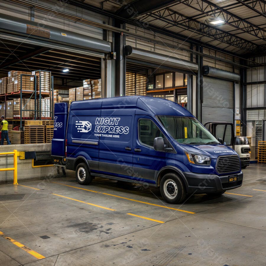 Mockup Van Caminhonete Azul Estacionada Armazém Editável