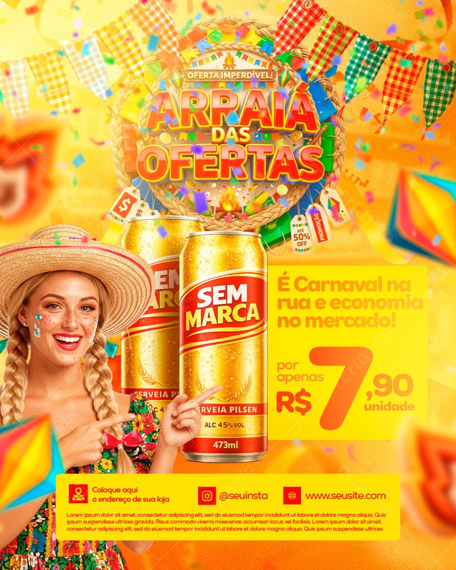 Post Instagram Arraiá das Ofertas Festa Junina PSD Editável