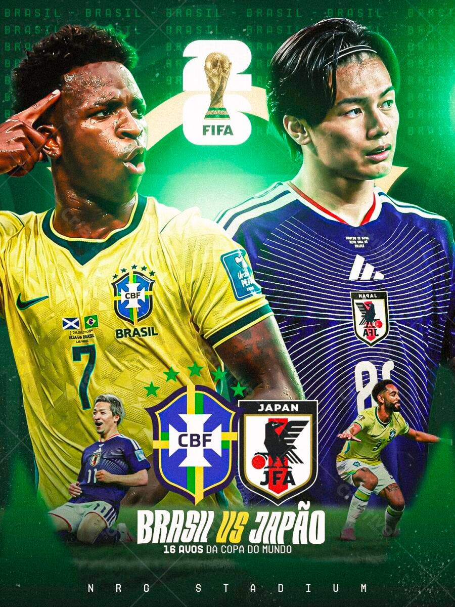 Flyer Brasil vs Japão Copa do Mundo Futebol PSD Editável