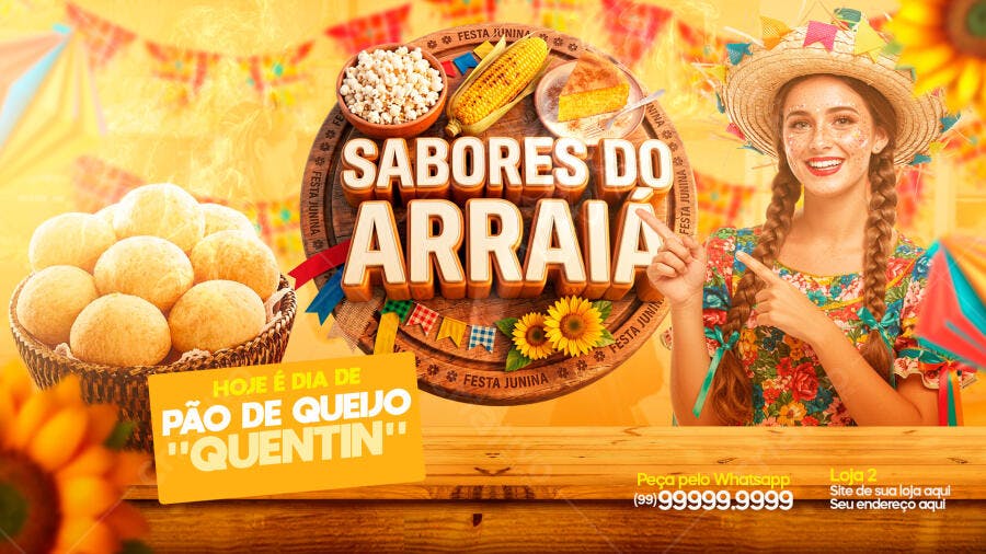 Flyer Festa Junina Sabores do Arraial Padaria PSD Editável