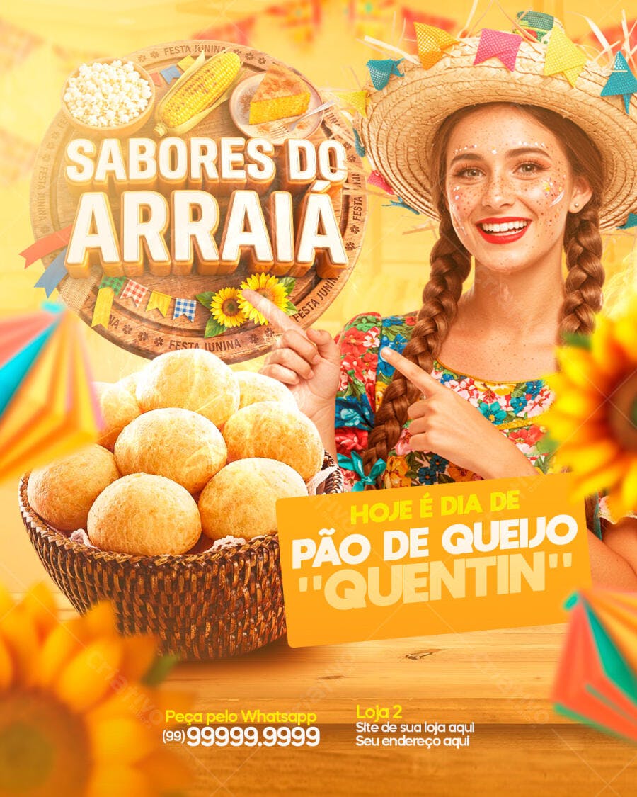 Post Instagram Festa Junina Padaria Pão de Queijo PSD Editável