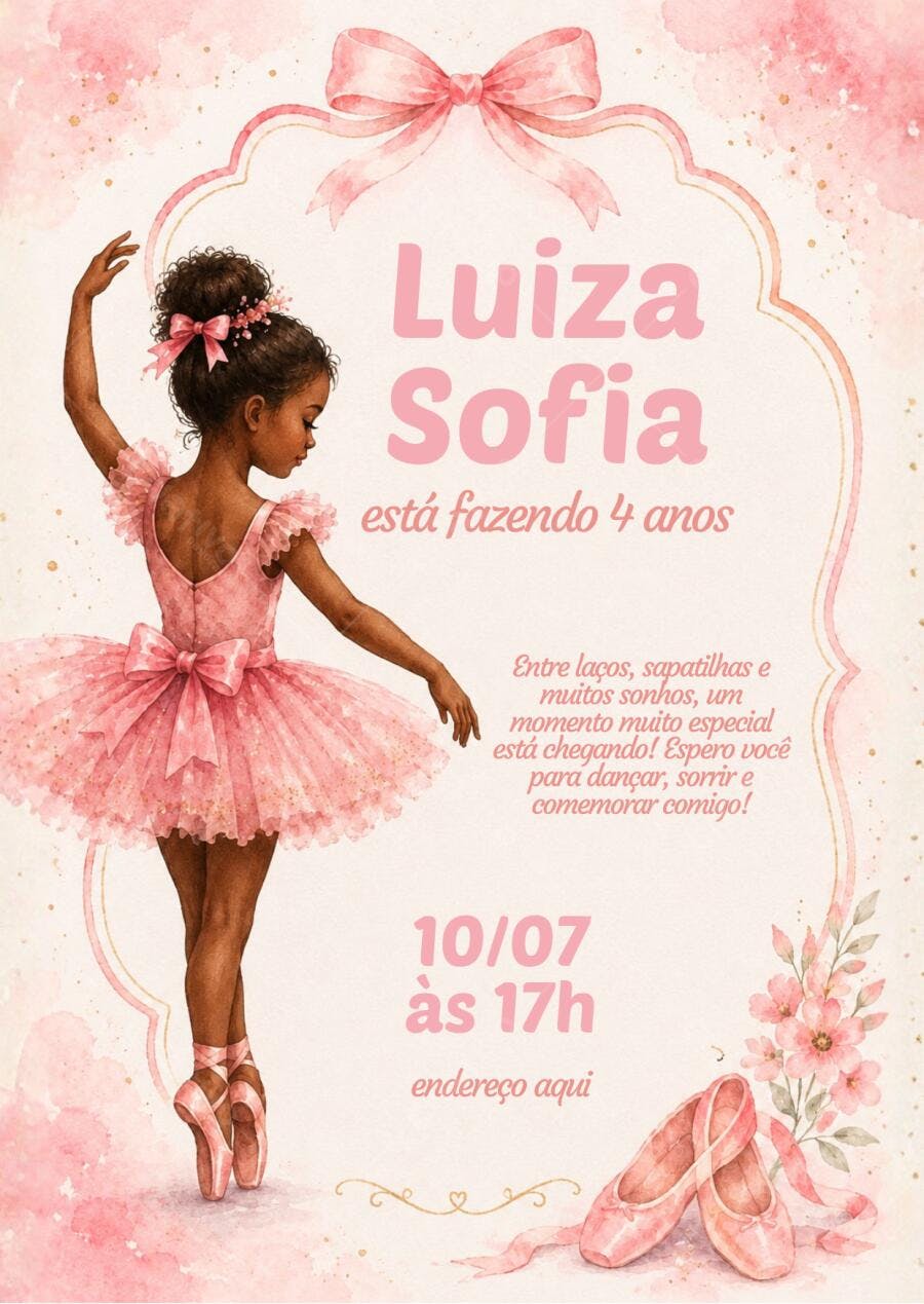 Convite Aniversário Bailarina 4 Anos Aquarela Rosa Editável