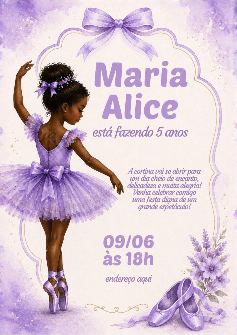 Convite Aniversário Bailarina Negra Lilás 5 Anos Editável