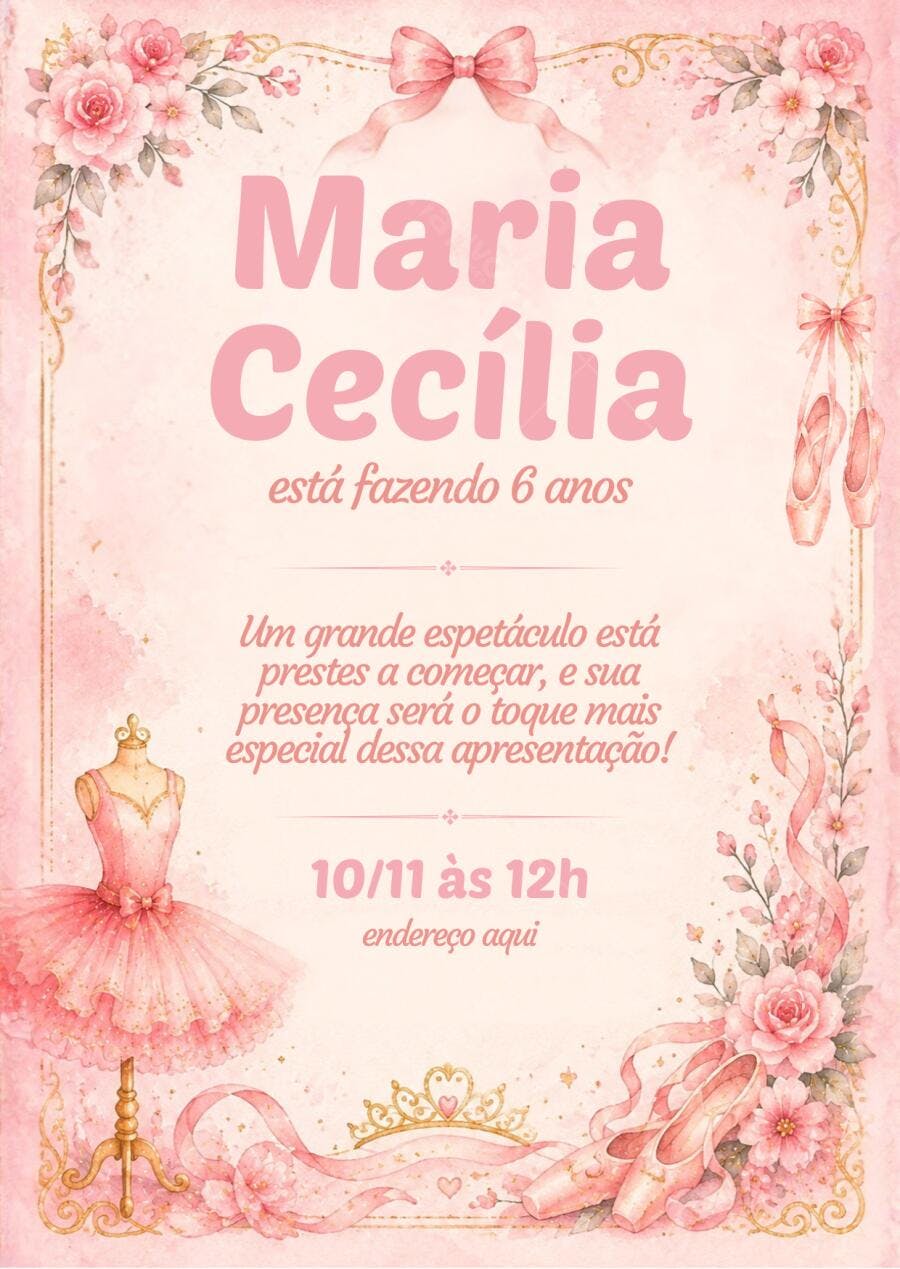 Convite Aniversário Bailarina Rosa 6 Anos Editável