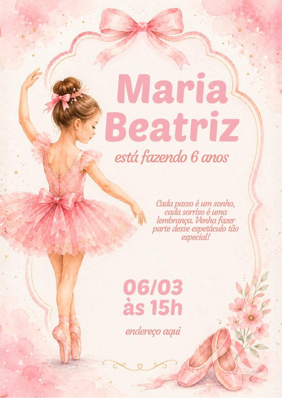 Convite Aniversário Bailarina Rosa 6 Anos Editável