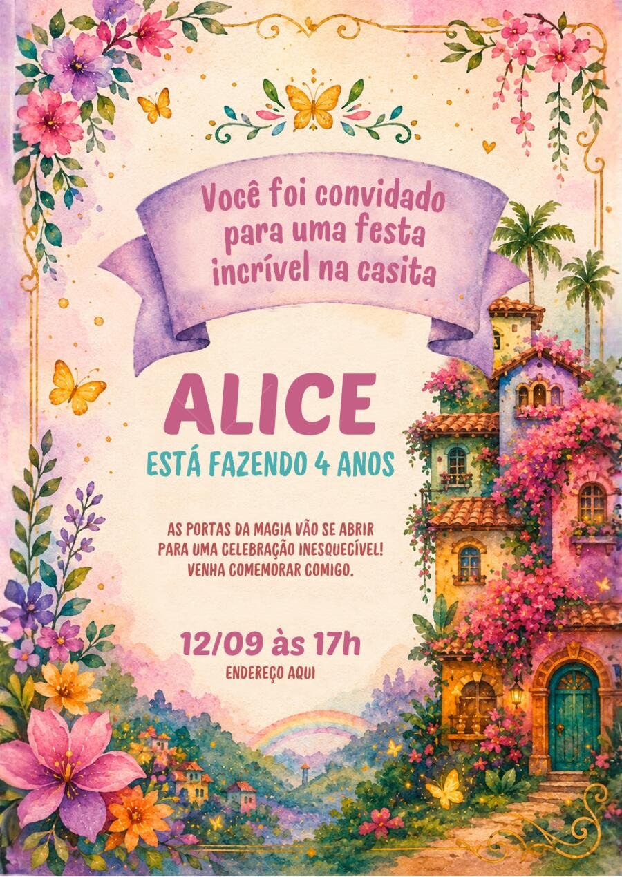 Convite Aniversário Infantil Casita Encantada 4 Anos Editável