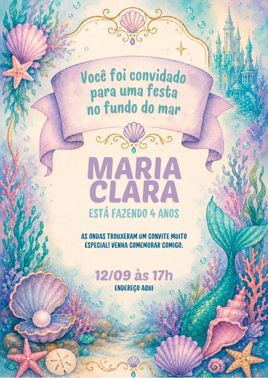 Convite Aniversário Sereia Fundo do Mar 4 Anos Editável