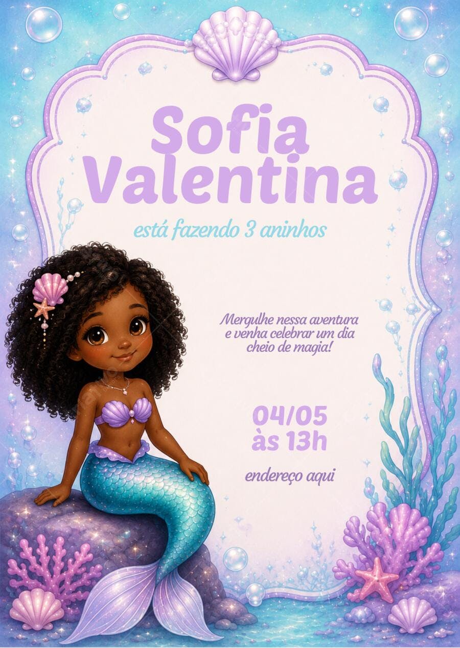 Convite Aniversário Sereia Negra 3 Anos Editável