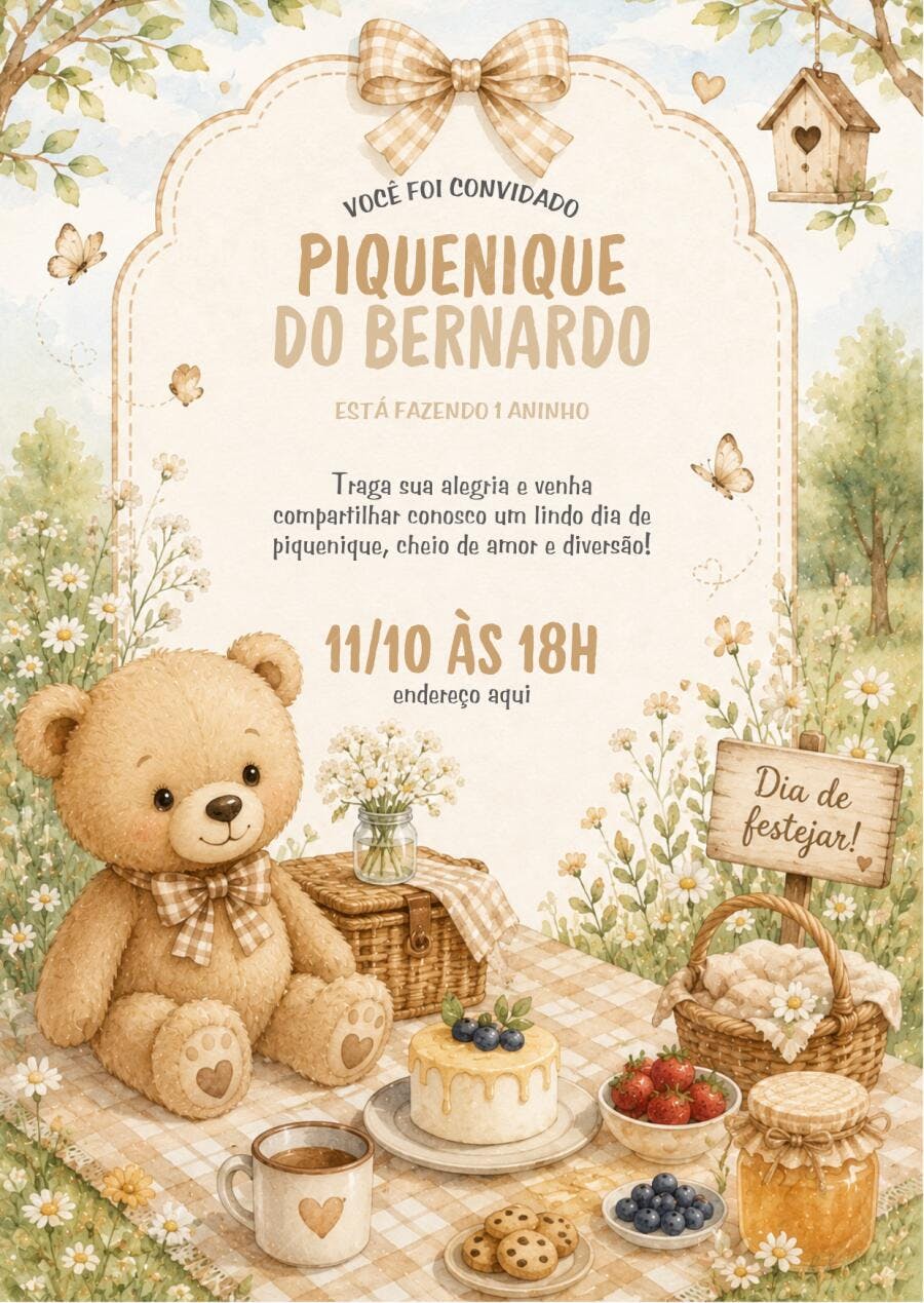 Convite Aniversário Urso Pic Nic 1 Aninho Editável