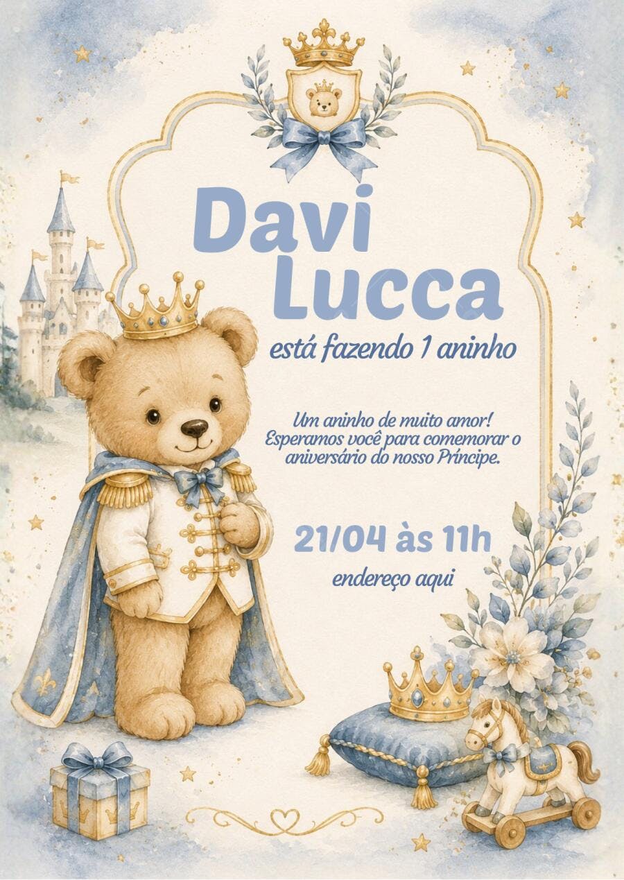 Convite Aniversário Urso Príncipe 1 Aninho Editável