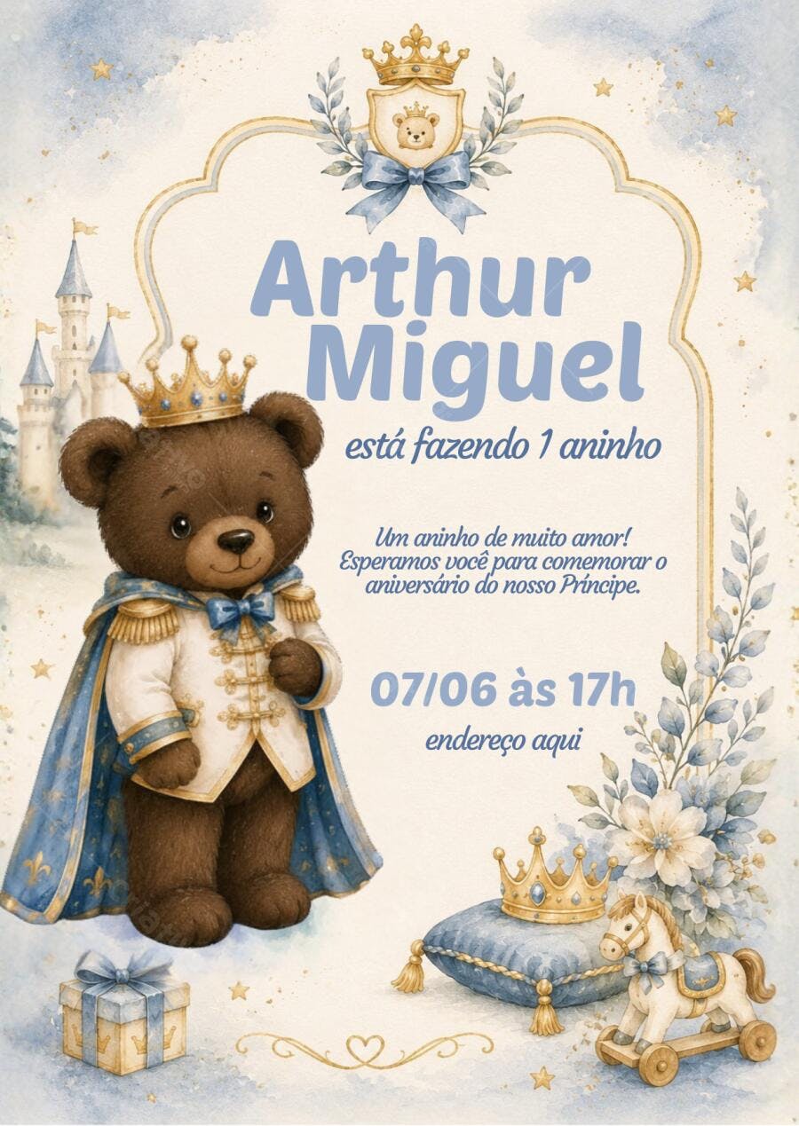 Convite Aniversário Urso Príncipe 1 Aninho Editável