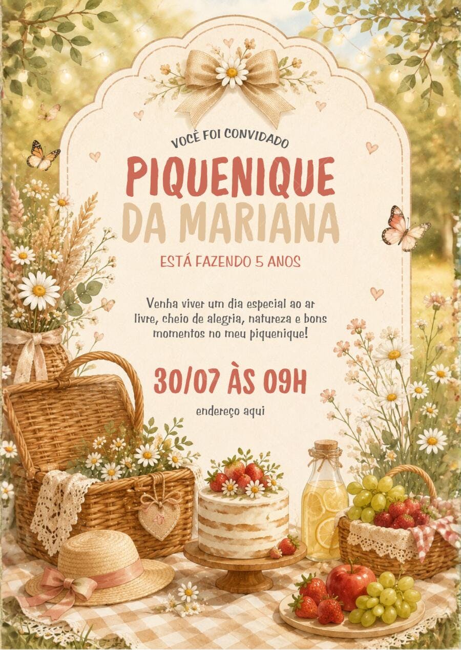 Convite Piquenique Aniversário Infantil 5 Anos Margaridas Editável