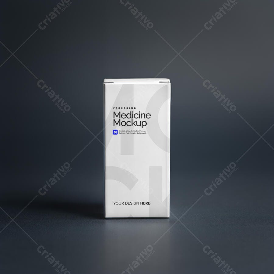 Mockup Caixa Remédio Frontal Fundo Escuro Editável