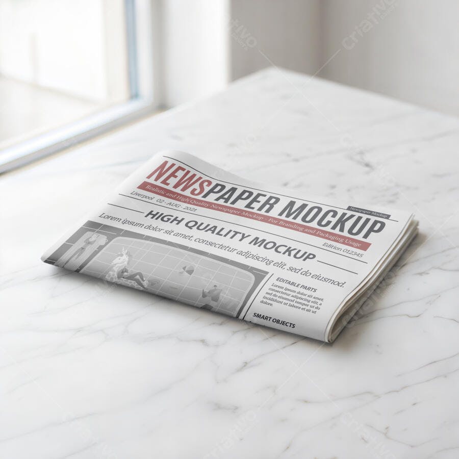 Mockup Jornal Dobrado Mesa Mármore Vista Superior Editável