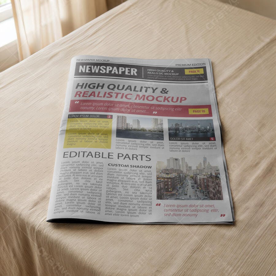Mockup Jornal Realista Mesa Pano Dobrado Editável