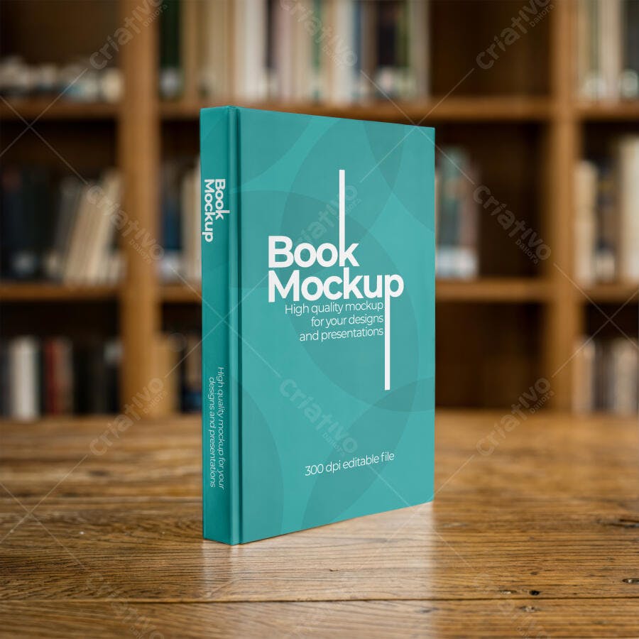 Mockup Livro Capa Dura em Pé Mesa Madeira Editável