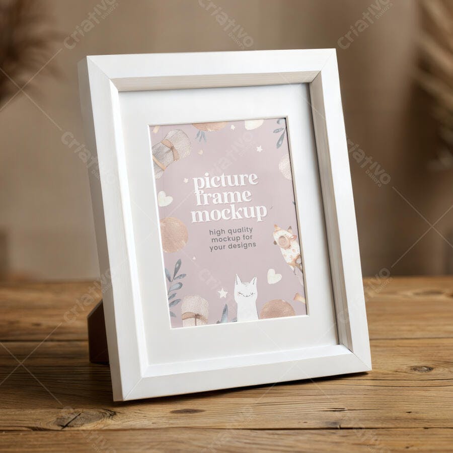 Mockup Quadro Retrato Branco Mesa Madeira Editável