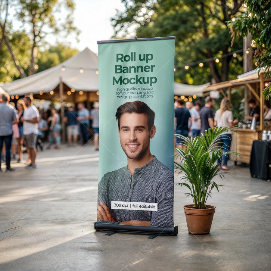Mockup Roll Up Banner Evento Externo Frontal Editável