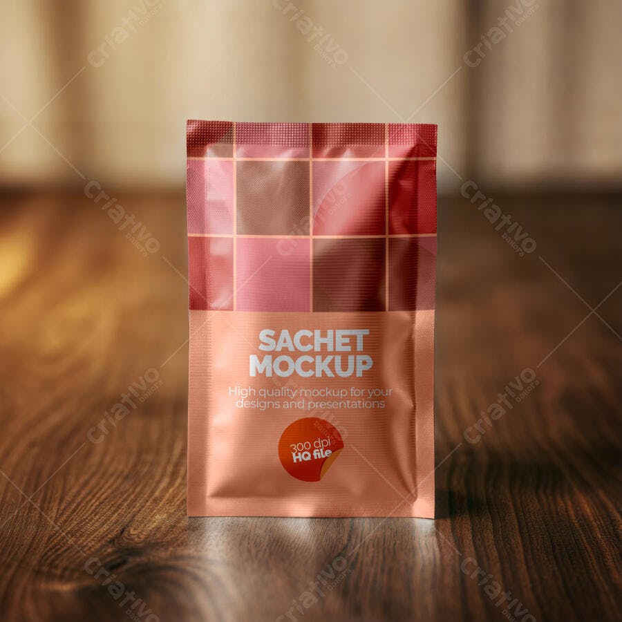 Mockup Sachet Embalagem Frontal Mesa Madeira Editável