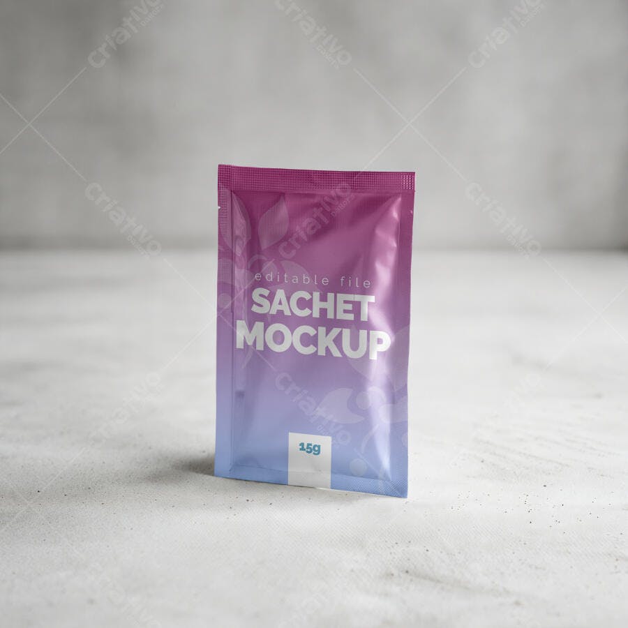 Mockup Sachet Embalagem Plástica Frontal Fundo Cinza Editável