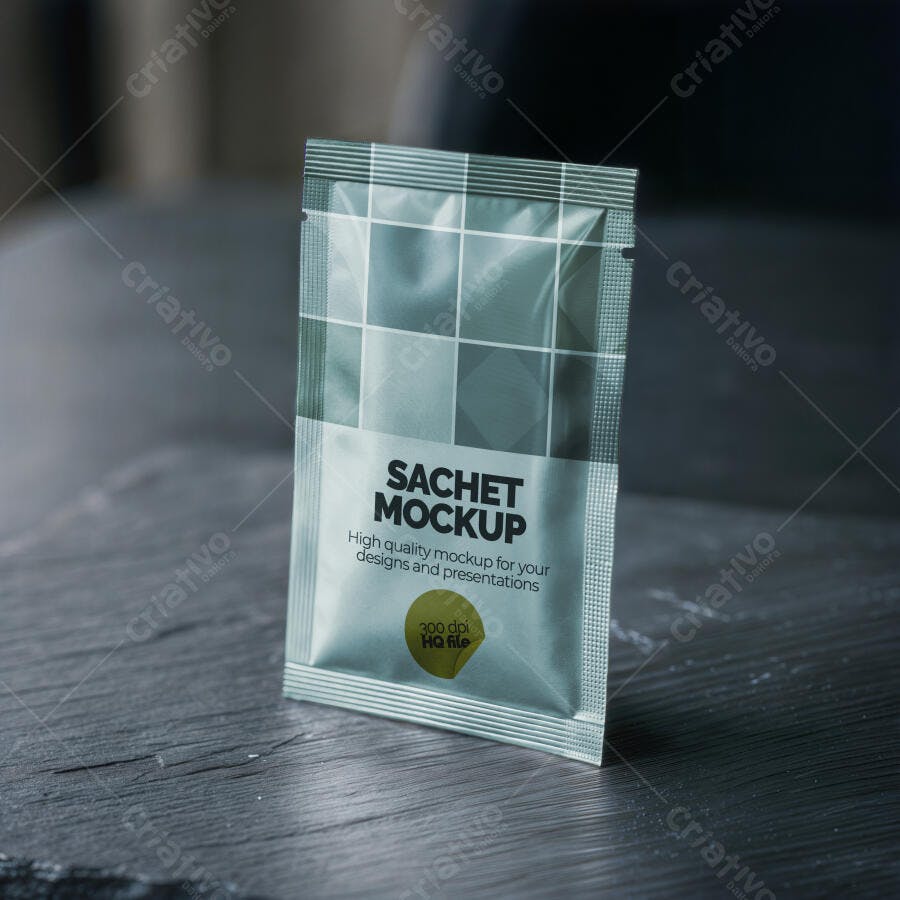Mockup Sachet Embalagem Plástica Frontal Mesa Escura Editável