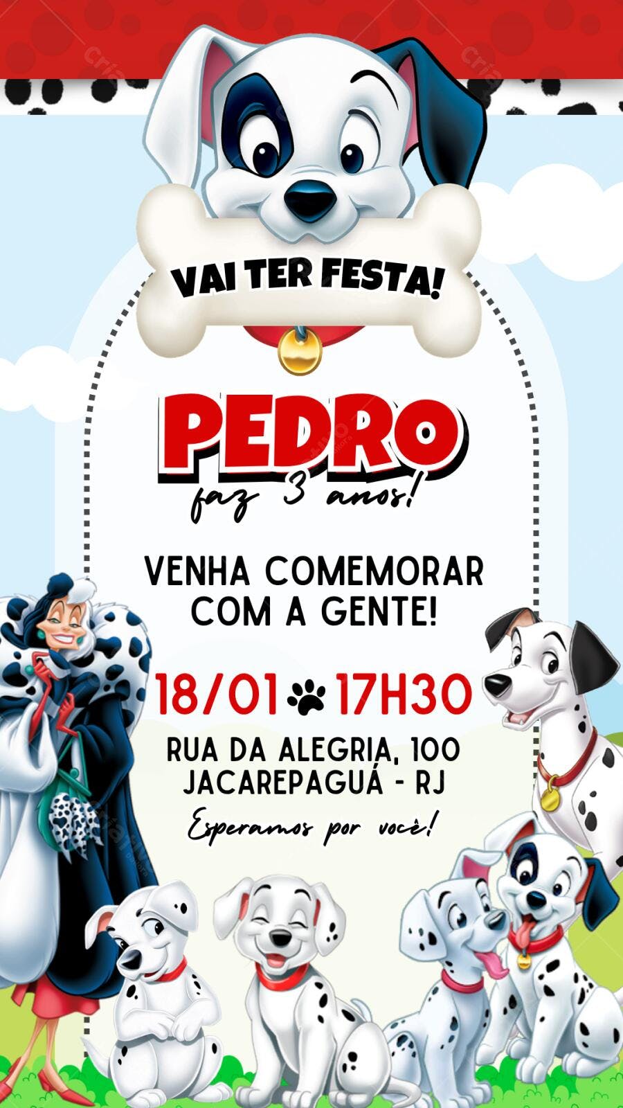 Convite Aniversário 101 Dálmatas 3 Anos Editável
