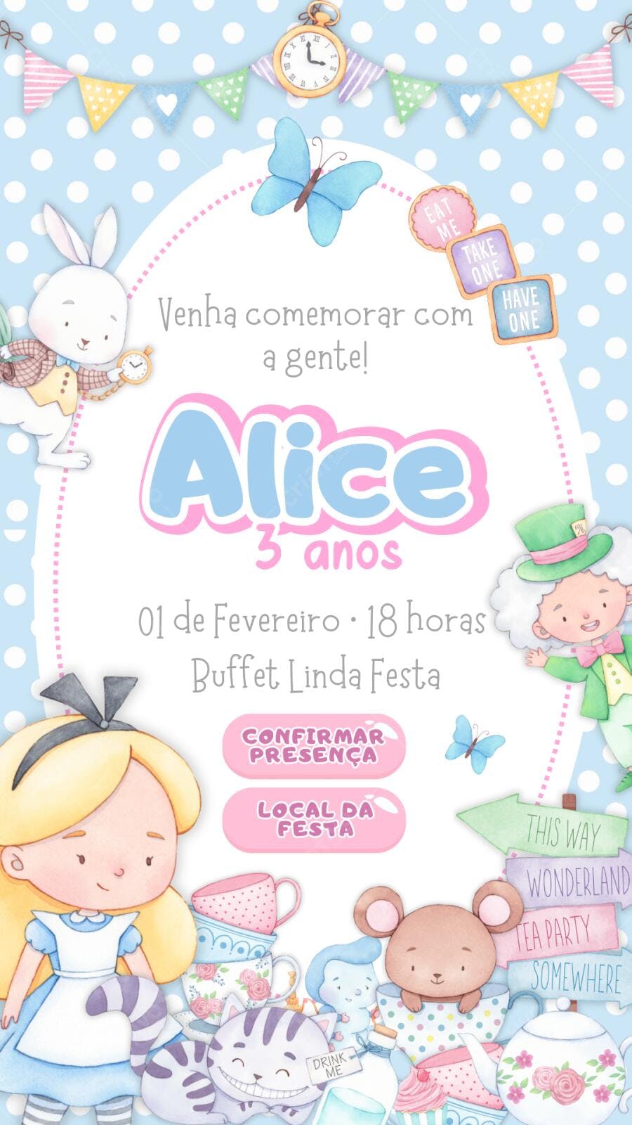 Convite Aniversário Alice no País das Maravilhas 3 Anos Editável