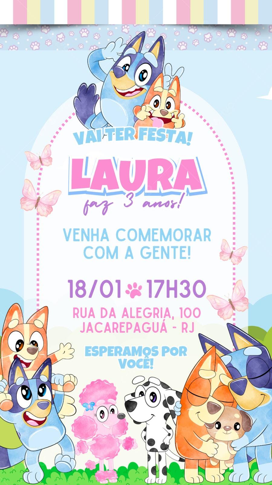 Convite Aniversário Bluey 3 Anos Editável Digital