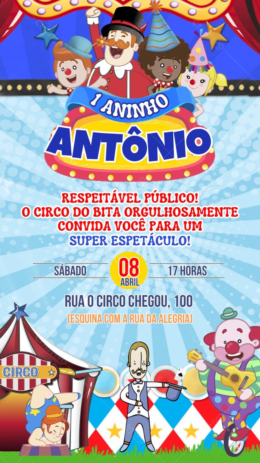 Convite Aniversário Circo 1 Aninho Editável Digital