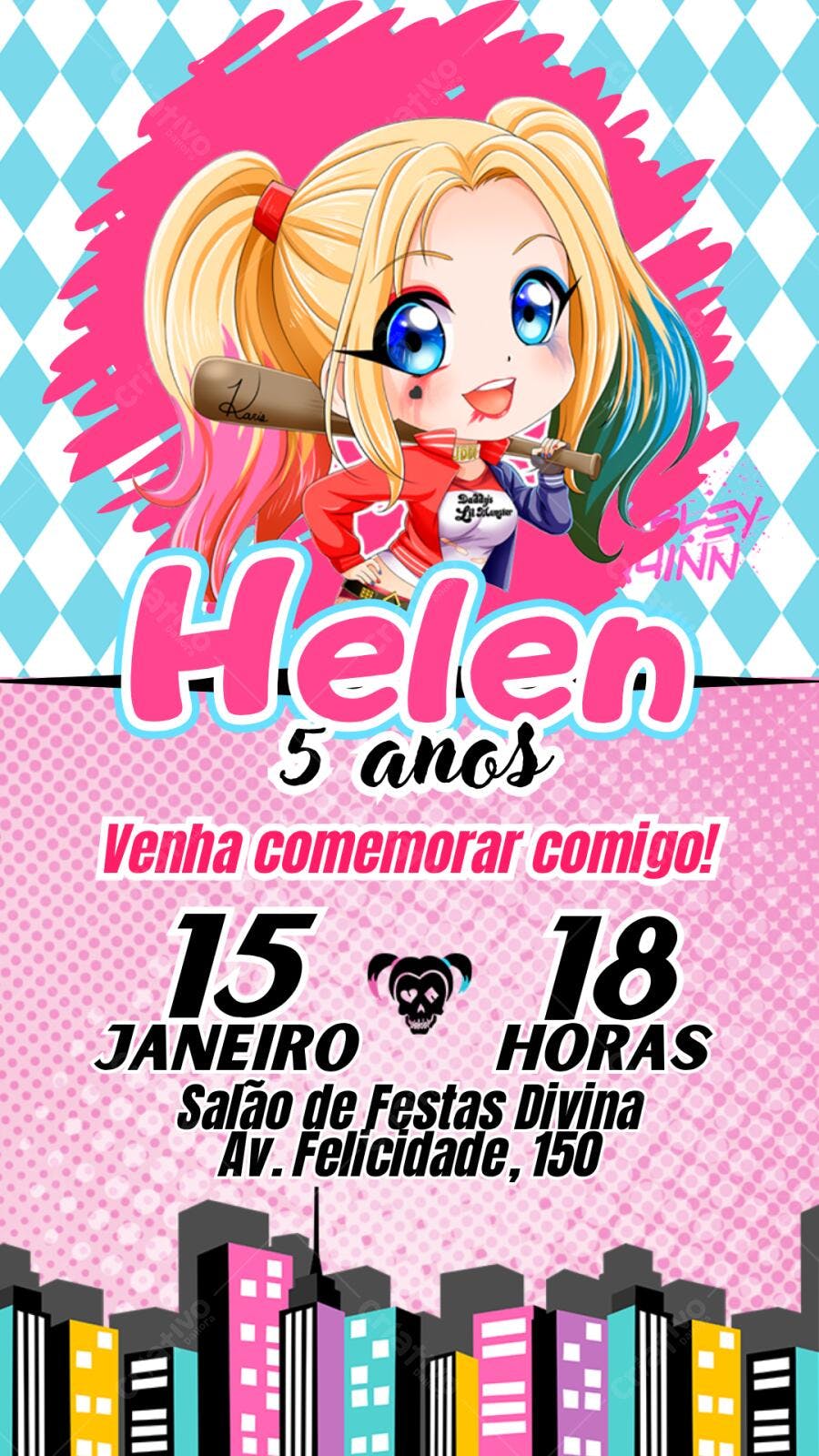 Convite Aniversário Infantil Arlequina 5 Anos Editável