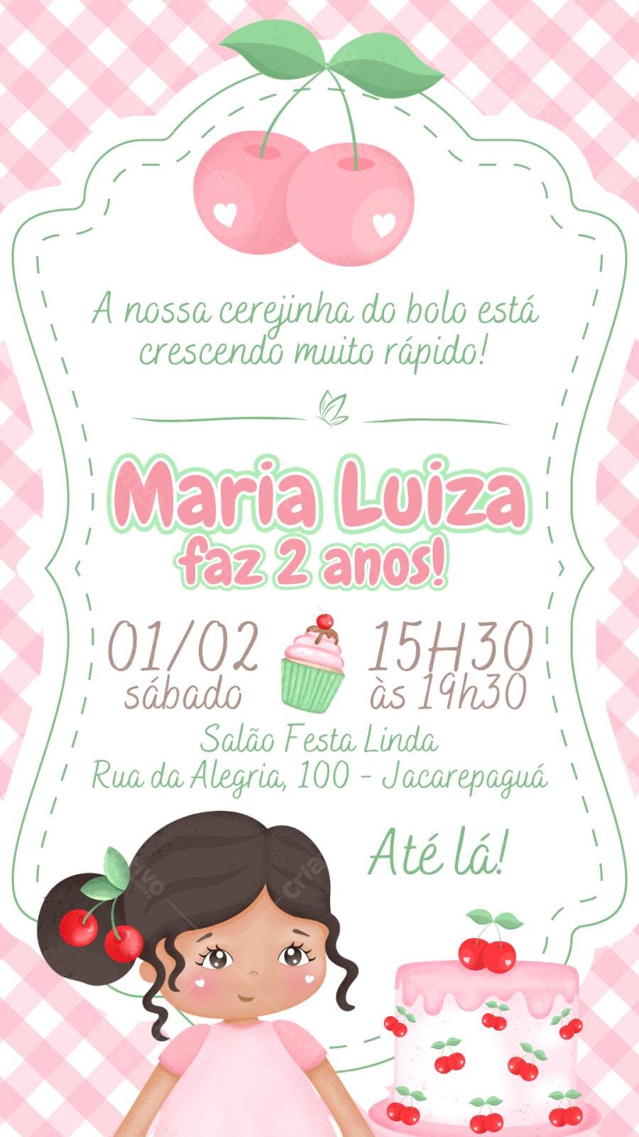 Convite Aniversário Infantil Cerejinha 2 Anos Rosa Editável