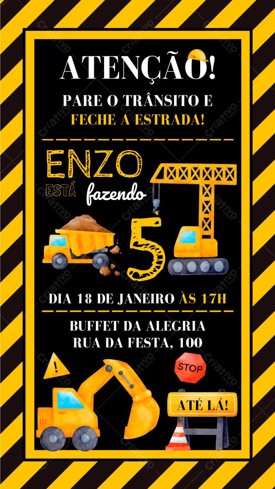Convite Aniversário Infantil Construção 5 Anos Editável