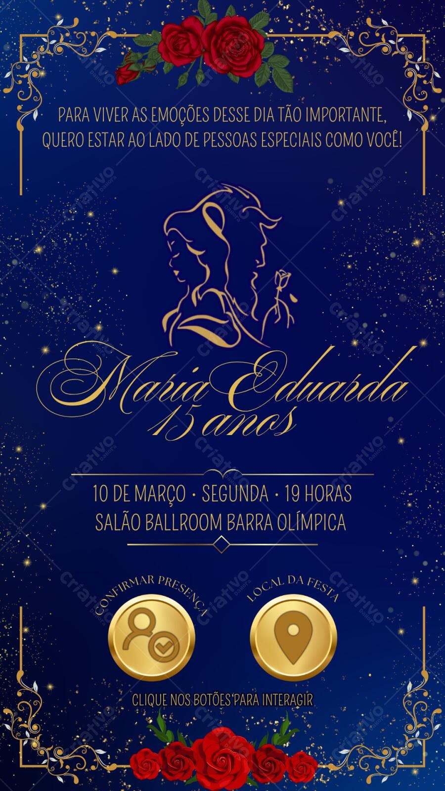Convite Debutante A Bela e a Fera 15 Anos Azul Marinho Editável