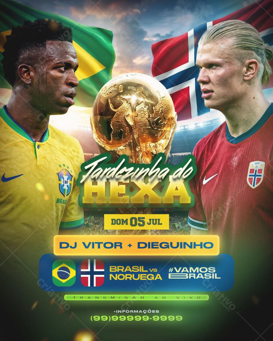 Flyer Futebol Brasil Noruega Copa do Mundo PSD Editável