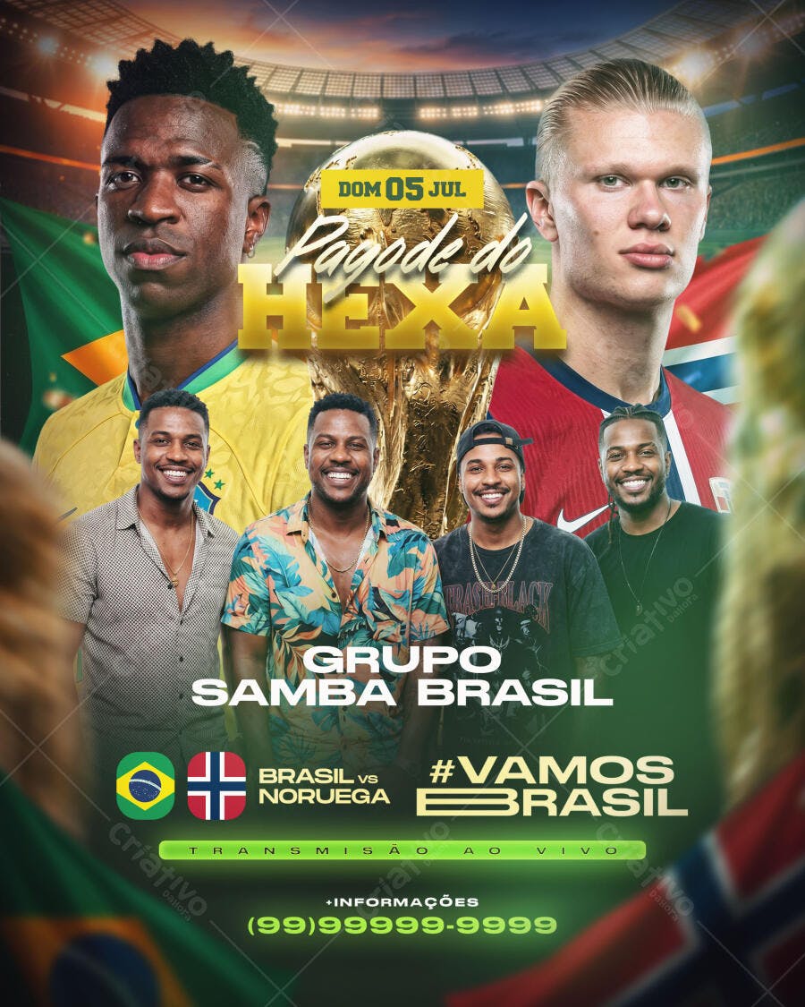 Flyer Pagode do Hexa Futebol Brasil vs Noruega PSD Editável