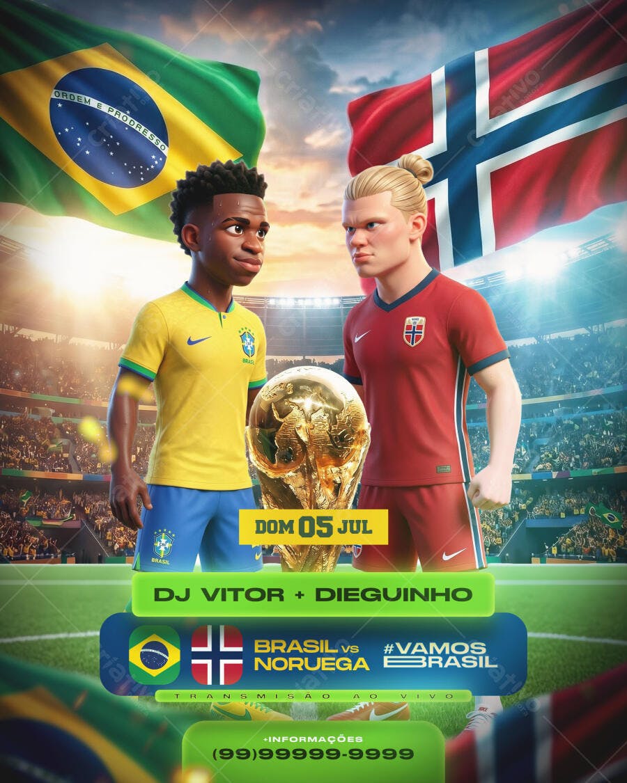 Post Instagram Jogo Brasil Noruega Futebol PSD Editável
