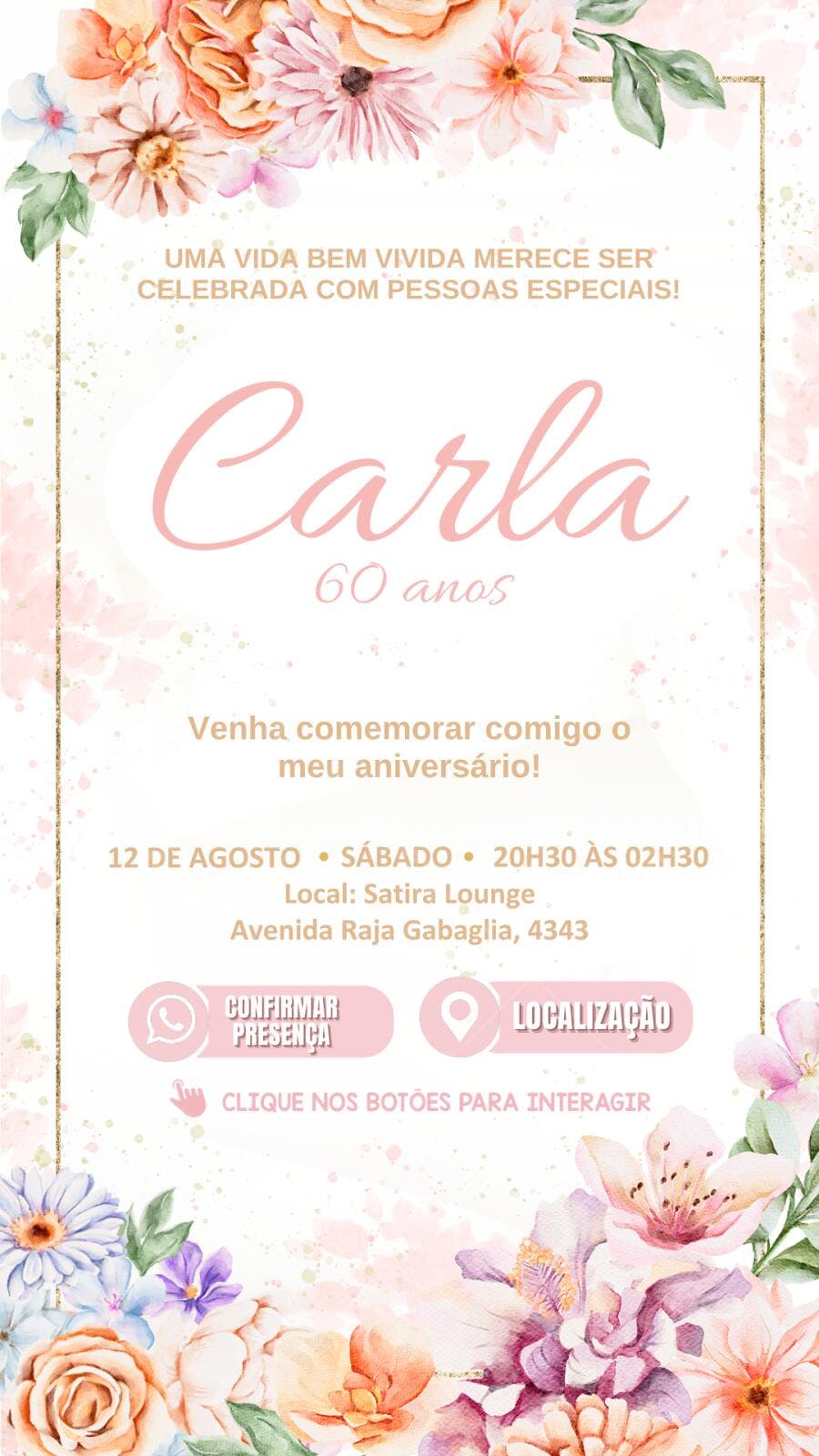 Convite Aniversário 60 Anos Floral Rosas Tons Pastel Editável