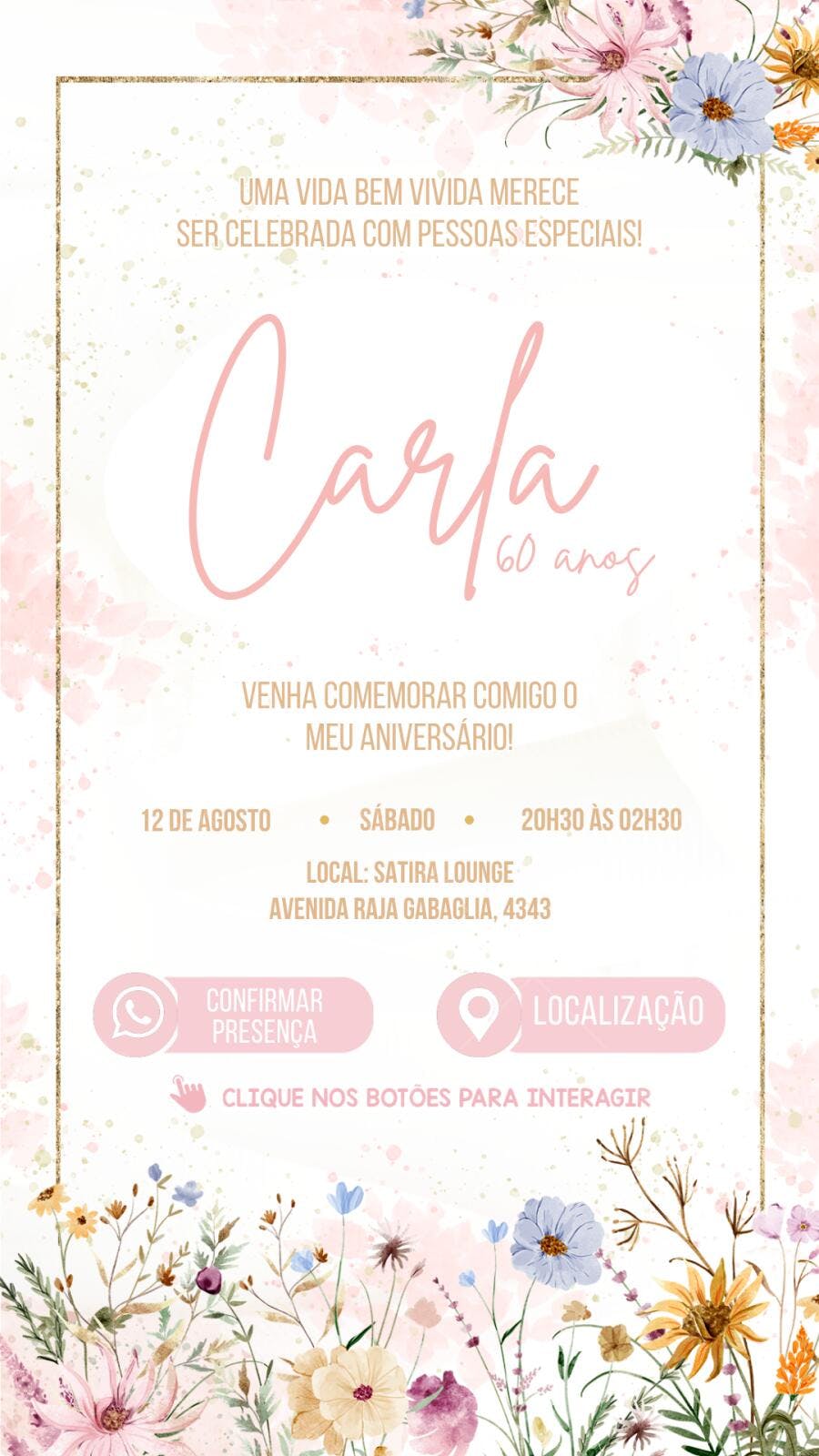 Convite Aniversário Adulto 60 Anos Floral Boho Editável