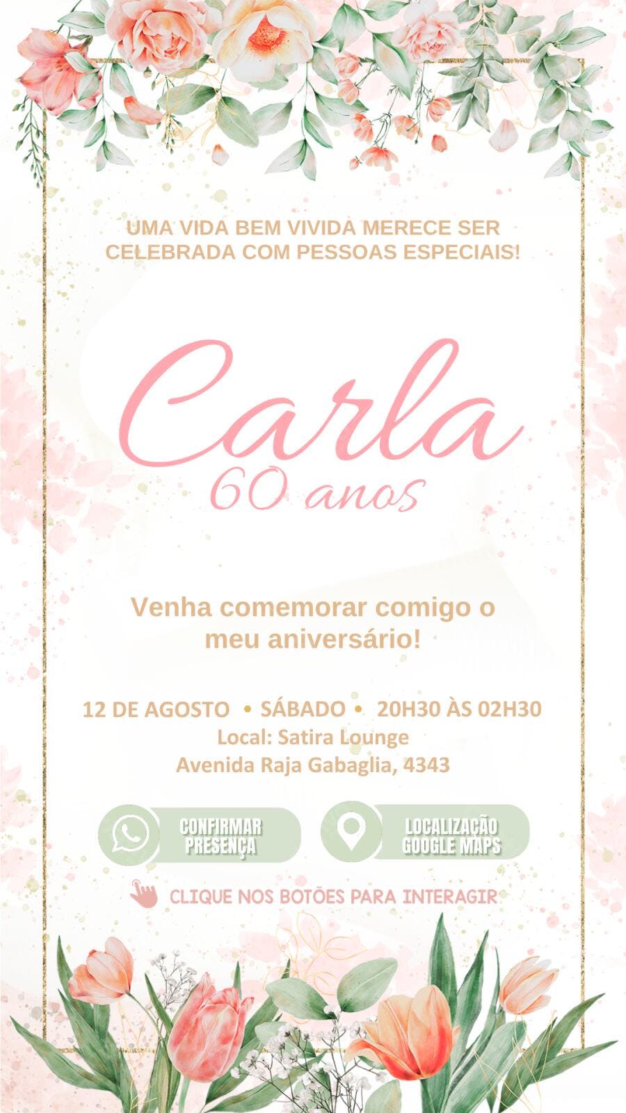 Convite Aniversário Adulto 60 Anos Floral Rosa Dourado Editável
