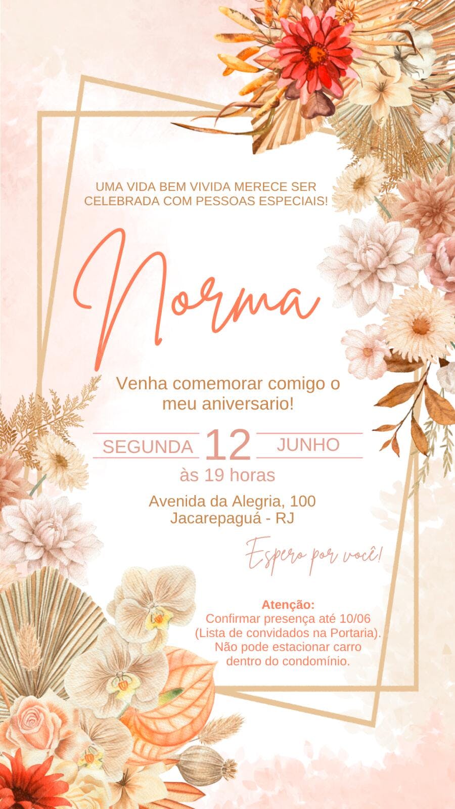 Convite Aniversário Adulto Floral Boho Rosa Editável