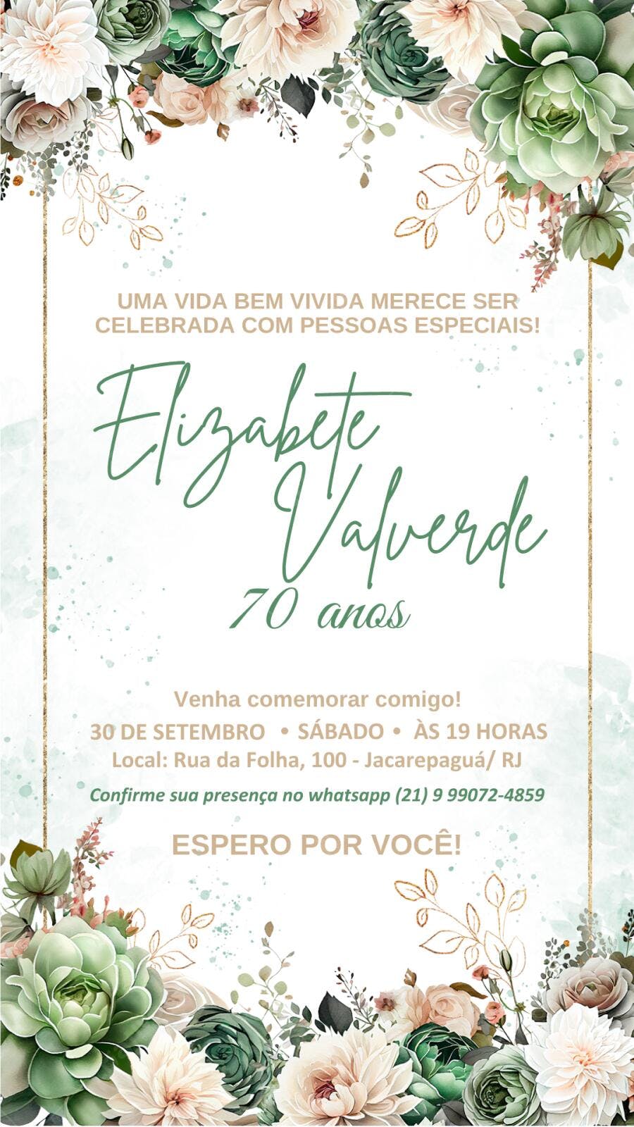 Convite Aniversário Adulto Floral Suculentas 70 Anos Editável