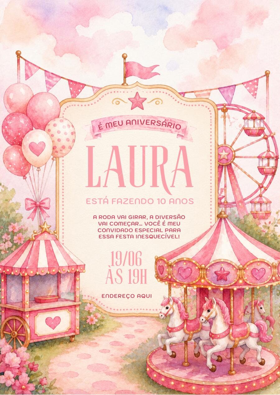 Convite Aniversário Parque de diversões Rosa 10 Anos Editável