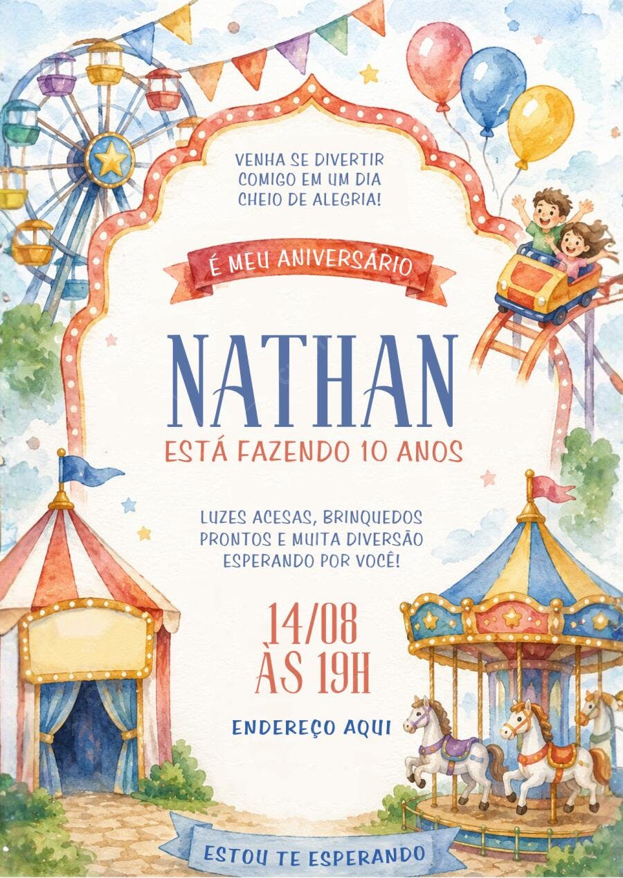 Convite Aniversário Parque de diversões 10 Anos Editável