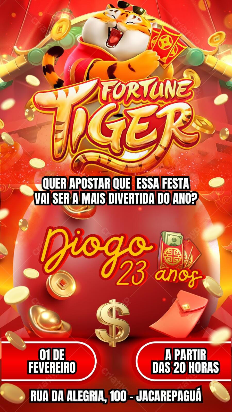 Convite Aniversário Fortune Tiger 23 Anos Editável